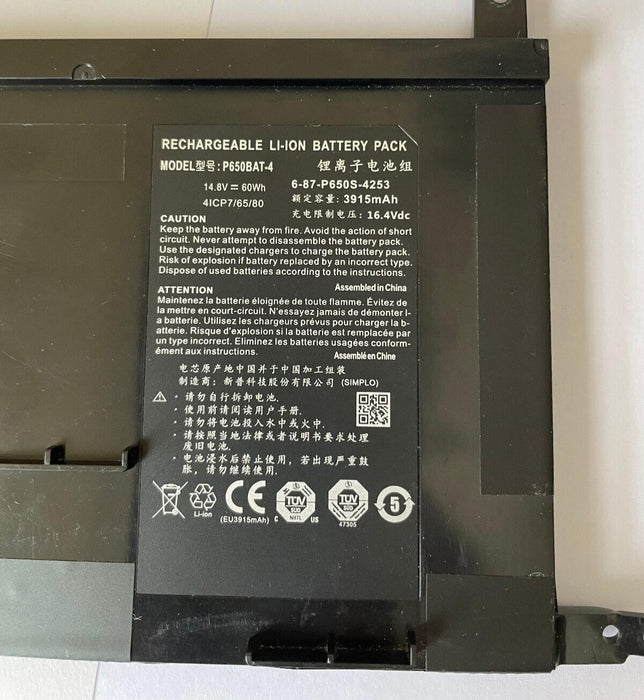 Battery for Clevo P650SA, P650SE, P650SG, P650RP6, P650RP6-G, P650RS-G 3915mAh