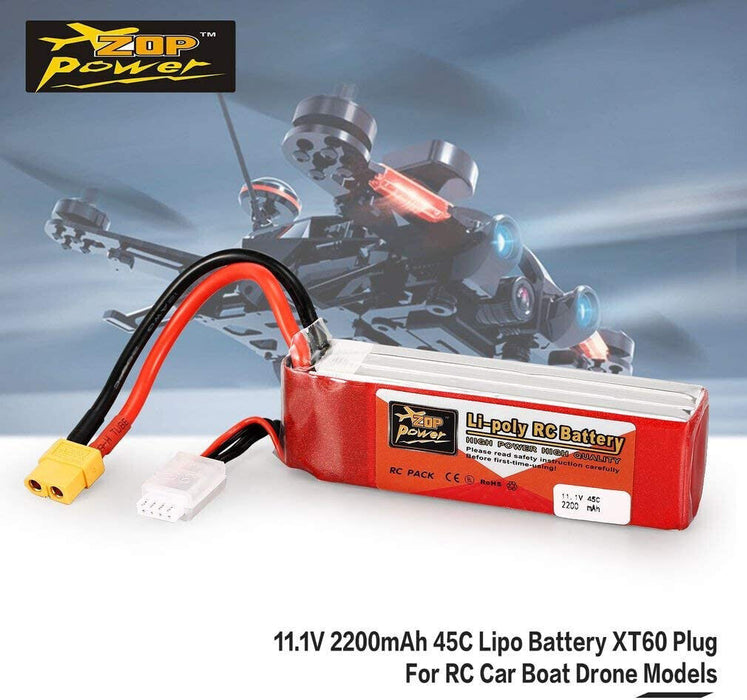 ZOP Power 11.1V 2200mAh 45C 3S 3S1P Lipo Battery XT60 Plug Rechargeable For RC