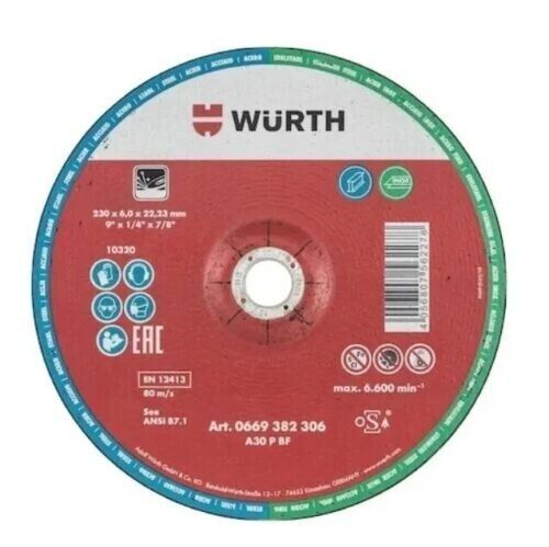 5 X WURTH STEEL AND STAINLESS STEEL GRINDING DISCS - 230mm x 6mm x 22,23mm