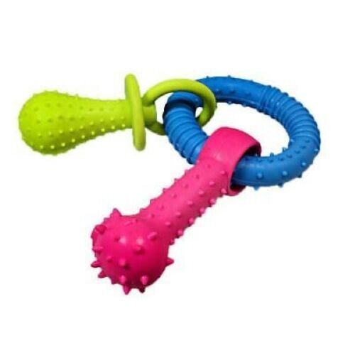 2 x Pet Dog Puppy Toy Colourful Rubber Toy Ring With Chewy Fetch Dummy and Bone