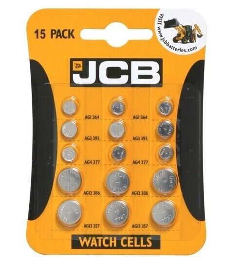 JCB Pack Of 15 Universal Round Cell Watch Battery AG1 AG3 AG4 AG12 AG13 LR