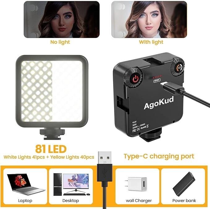 AgoKud LED Video Light + Micro Stent, Portable Photography Lighting 3000 CY Rech