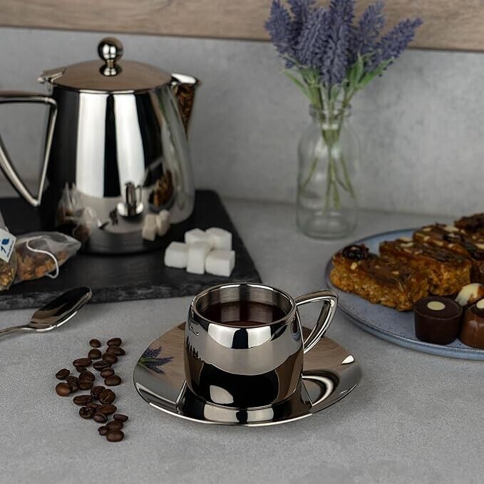 Art Deco Stainless Steel Coffee Cup & Saucer