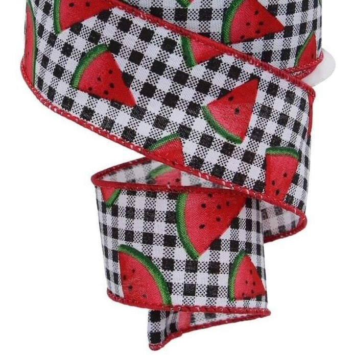 1.5" WATERMELON SLICE GINGHAM RIBBON: BLK/WHT 5 yrds