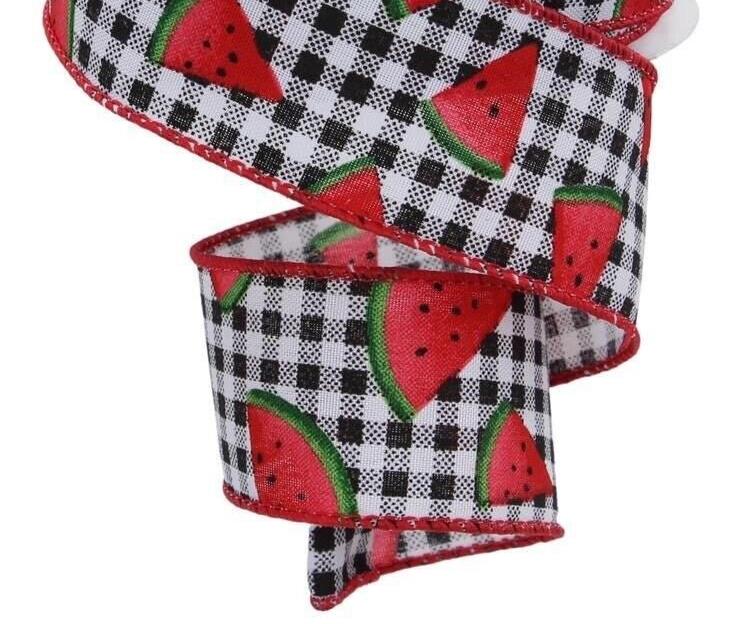 1.5" WATERMELON SLICE GINGHAM RIBBON: BLK/WHT 5 yrds