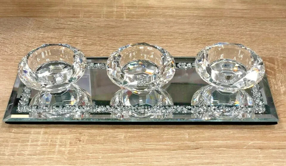 Crushed Crystal Triple Tealight 3 Candle Holder Decor Plate Home New