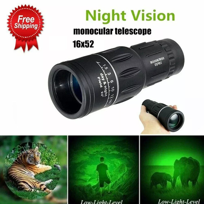 UK 16x52 Portable Optical Day & Night Vision Monocular Hunting Camping Telescope