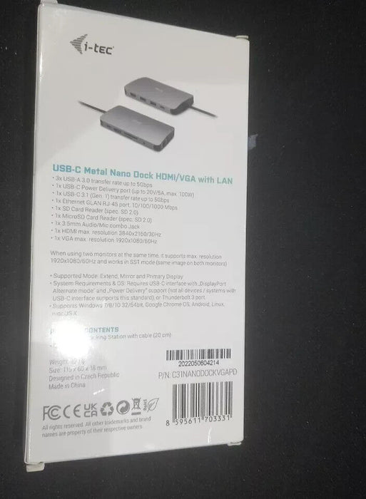 i-tec Metal USB-C Nano Dock HDMI/VGA with LAN + Power Delivery 100 W