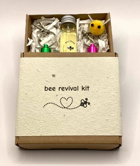 Bee Revival Kit Gift - 2 x Keyrings Random Colours, 20ml Syrup, Seed Paper