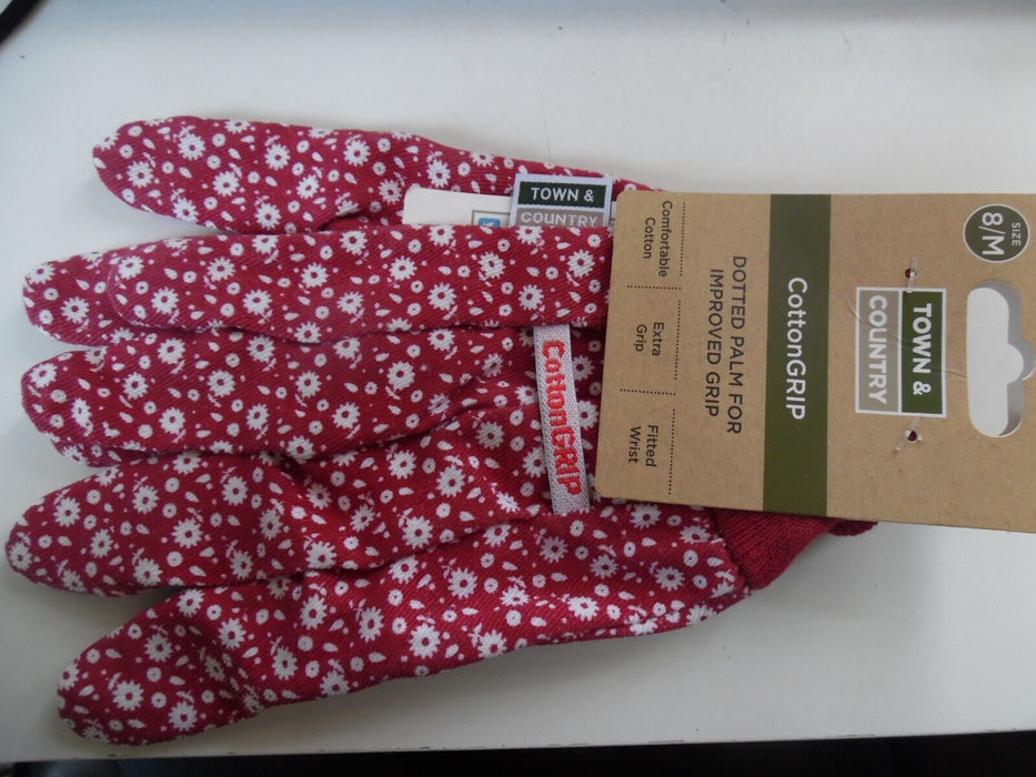 TOWN & COUNTRY COTTON GRIP WITH DOTTED PALM GARDEN GLOVES RED - MEDIUM (8)