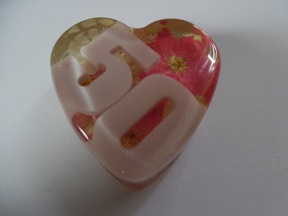 Heart shaped 50 paper weight with pressed flowers