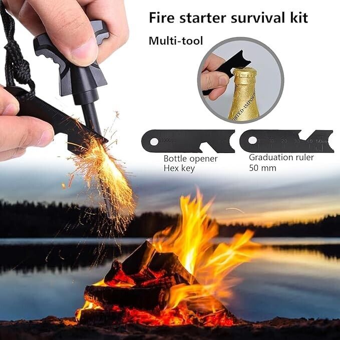 Survival Fire Steel Flint Striker Steel Fire Starter Kit and bottle opener