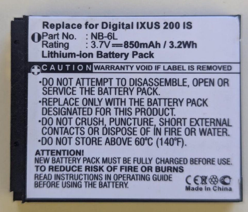 Battery for Canon NB-6L PowerShot 850mAh D10 / D20 / D30