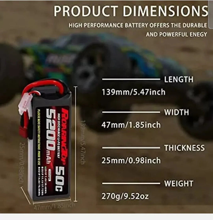 RoaringTop 2S Lipo Battery 7.4V 5200mAh 50C RC Lipo Battery with Deans Connector