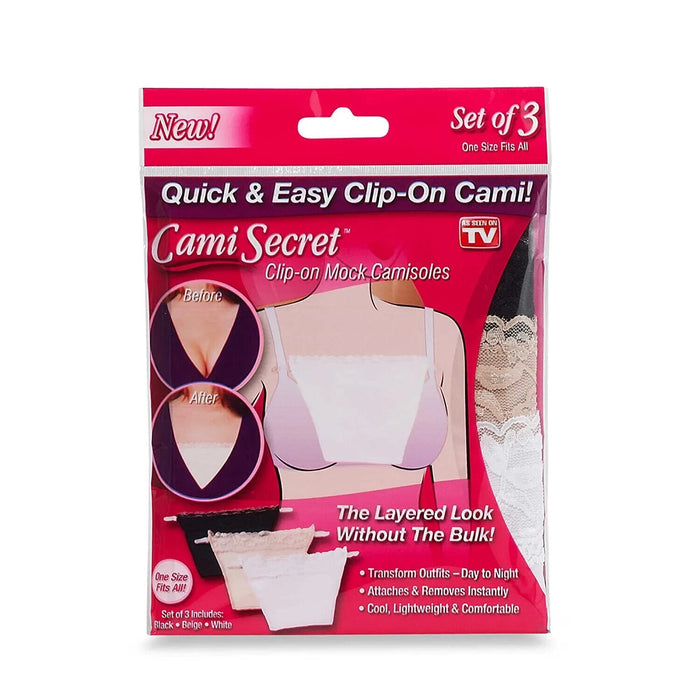 3 Pack Cami Secret Clip On Mock Camisole Modesty Parody Panel White Black Beige