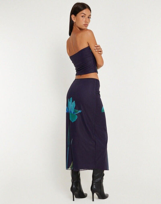 Motel Lassie Midi Skirt In Navy Placement Flower Medium