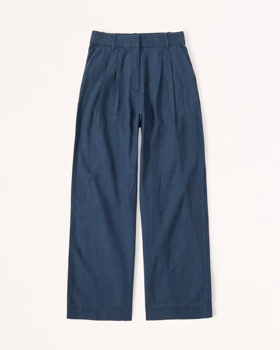 Abercrombie & Fitch Linen-Blend Tailored Wide Leg Pant Navy black M