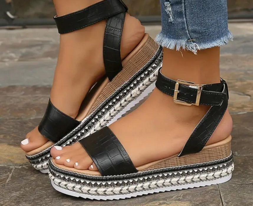 Women's Platform Wedge Sandals Open Toe Ankle Strap - Black - UK 4 (37)