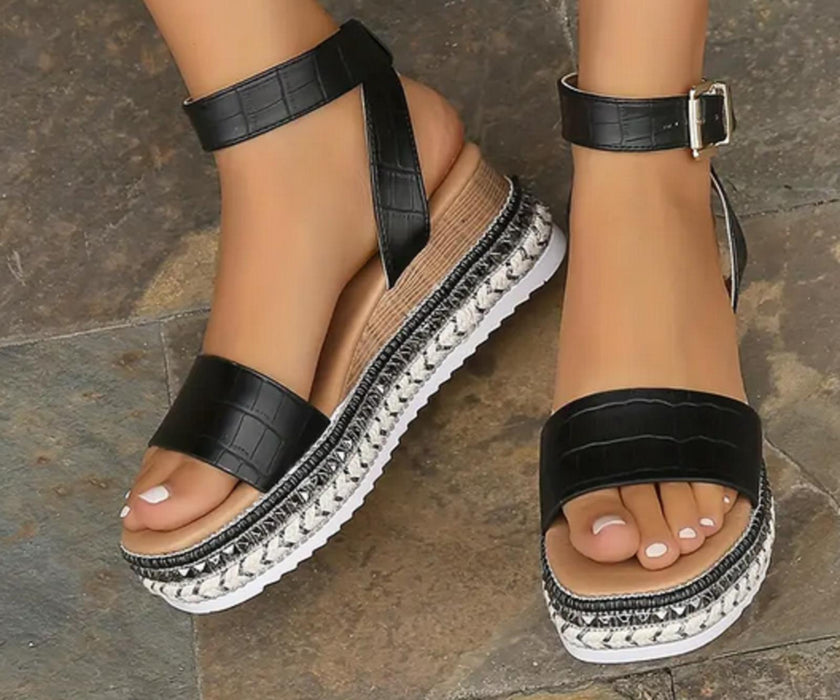 Women's Platform Wedge Sandals Open Toe Ankle Strap - Black - UK 4 (37)