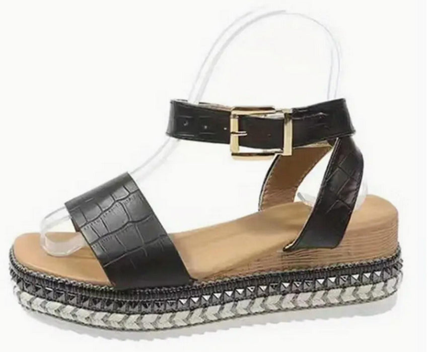 Women's Platform Wedge Sandals Open Toe Ankle Strap - Black - UK 4 (37)