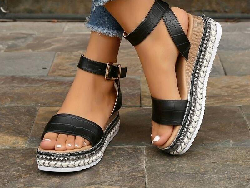 Women's Platform Wedge Sandals - Open Toe - Ankle Strap Black Size UK 3 (36)