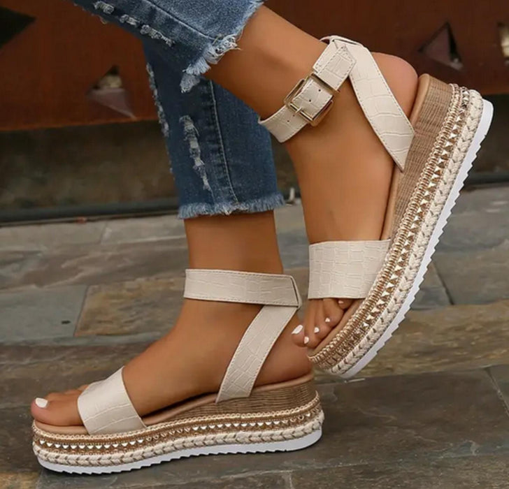 Women's Platform Wedge Sandals Open Toe Ankle Strap - Beige - UK 5.5 (39)