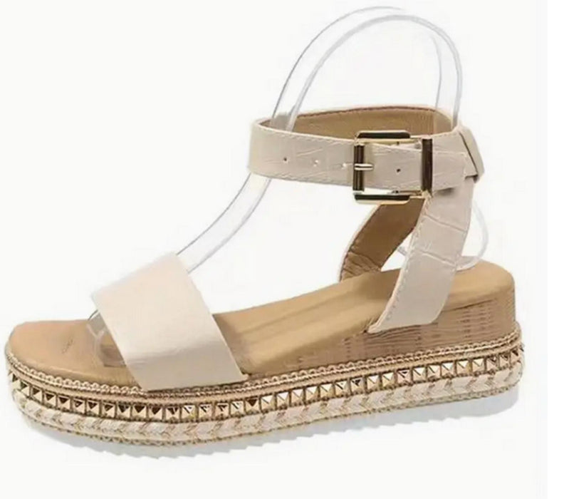 Women's Platform Wedge Sandals Open Toe Ankle Strap - Beige - UK 4 (37)