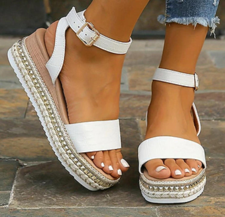 Women's Platform Wedge Sandals - Open Toe - Ankle Strap White Size UK 7 (41)