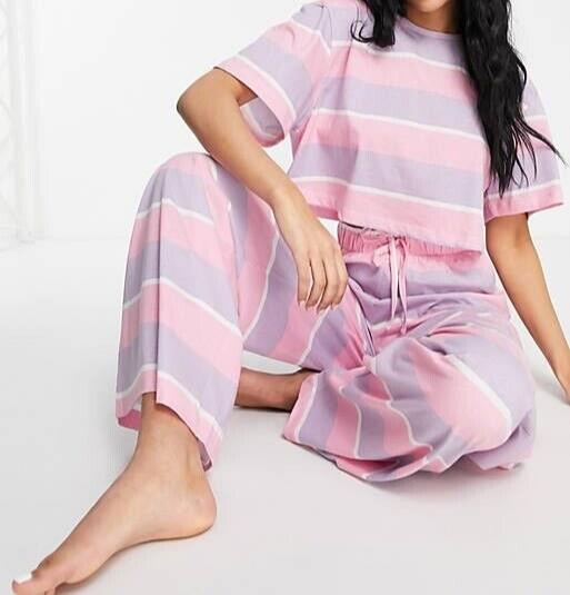 ASOS Tall mixed stripe tee & wide leg pants pyjama set in pink & purple Size 14