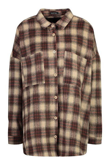 BOOHOO STONE OVERSIZED CHECKED SHIRT STONE SIZE 10