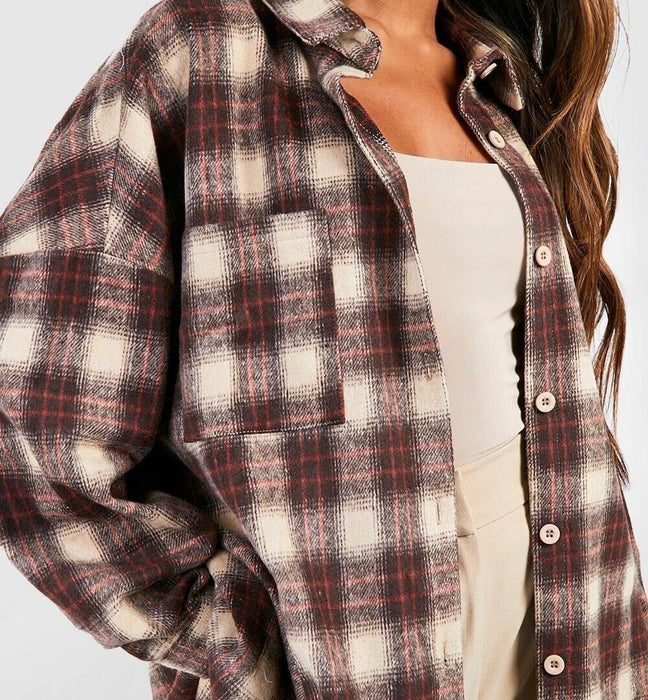 BOOHOO STONE OVERSIZED CHECKED SHIRT STONE SIZE 10