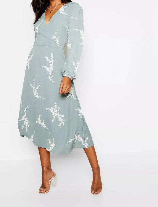 Boohoo Sage Tall Floral Print Wrap Midi Dress UK 8