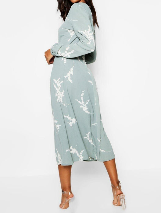 Boohoo Sage Tall Floral Print Wrap Midi Dress UK 8