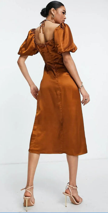 Missguided Tie Front Puff Sleeve Satin Midi Dress in Rust Size 8