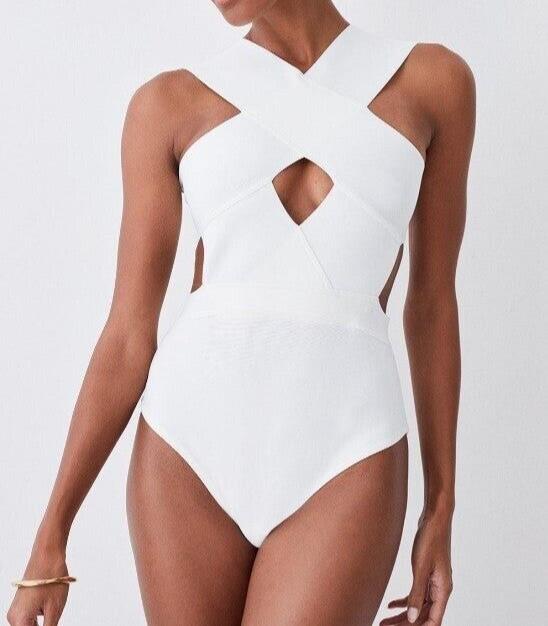 Karen Millen Bandage Textured Cross Front Swimsuit Ivory Size Small