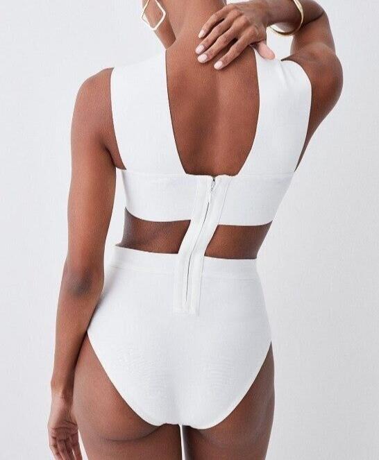 Karen Millen Bandage Textured Cross Front Swimsuit Ivory Size Small