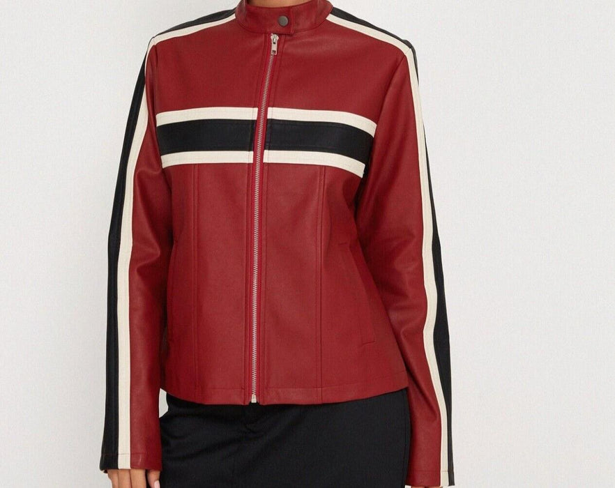 Motel Rocks Oliver Zip Up Jacket In PU Red With Ecru Stripe Size Medium