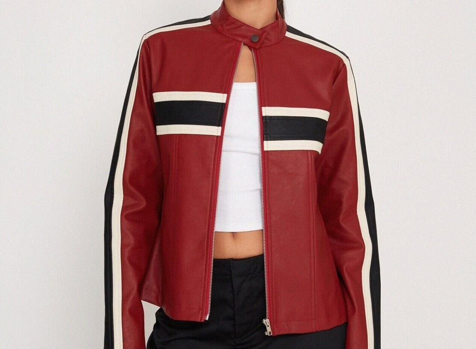 Motel Rocks Oliver Zip Up Jacket In PU Red With Ecru Stripe Size Medium