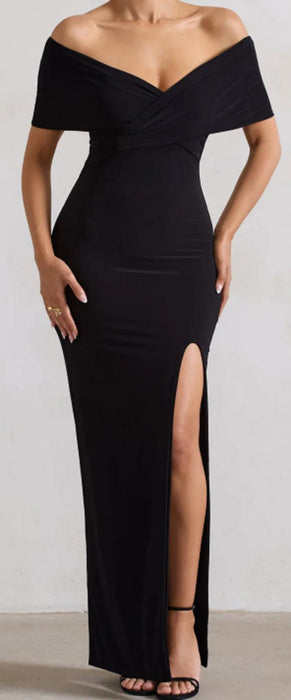 Club L BLACK TWIST FRONT BARDOT MAXI DRESS - UK14