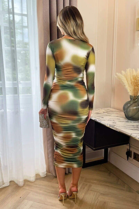 Ax Paris Khaki Printed Long Sleeve Ruched Bodycon Midi Dress Size 16