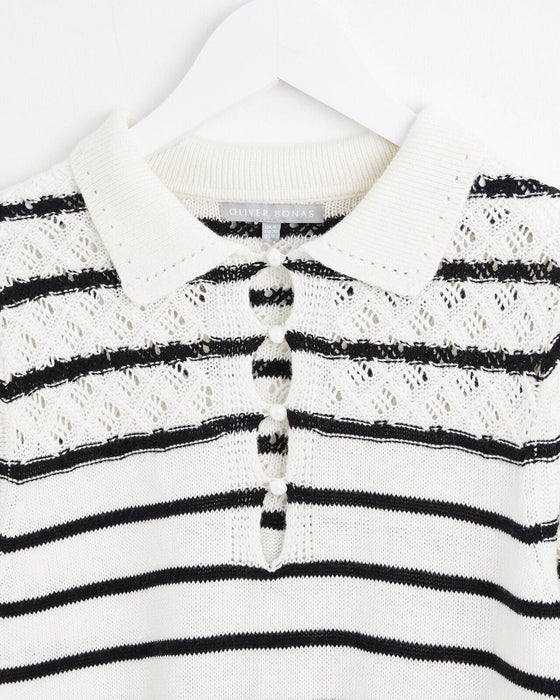 Oliver Bonas Mono Stripe Collar Knit Stitchy Top White UK16