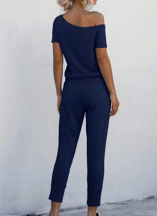 SHEIN LUNE Neck Drawstring Waist Slant Pocket Jumpsuit Navy Large