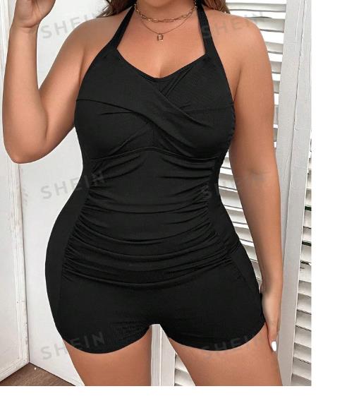 SHEIN Swim Curve Ruched Halter One Piece Swimsuit Black Size XL