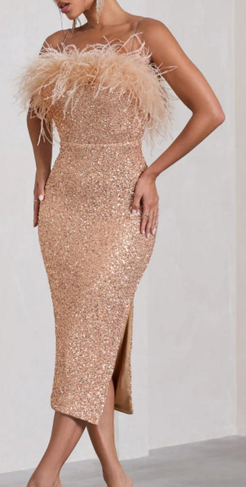 Club L IN YOUR HEAD ROSE GOLD SEQUIN STRAPPY MIDI DRESS WITH FEATHERS - UK10