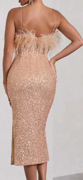 Club L IN YOUR HEAD ROSE GOLD SEQUIN STRAPPY MIDI DRESS WITH FEATHERS - UK10