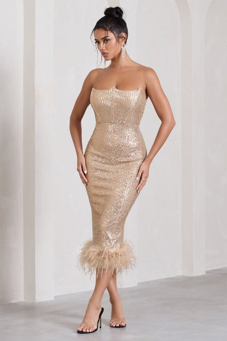 Champagne Sequin corset midi dress with feather trim