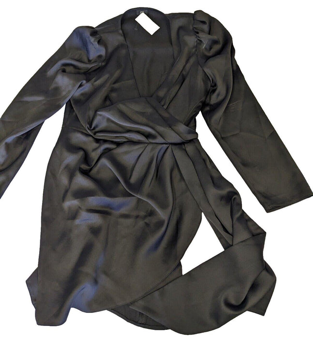 River Island Black Satin Long Sleeve Wrap Dress Size UK 12