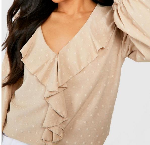 Boohoo Petite Dobby Mesh Ruffle Long Sleeve Blouse Beige Size 8