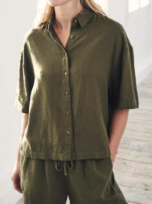 Nobodyschild Khaki Green Linen-blend Short Sleeve Jay Shirt Size UK8