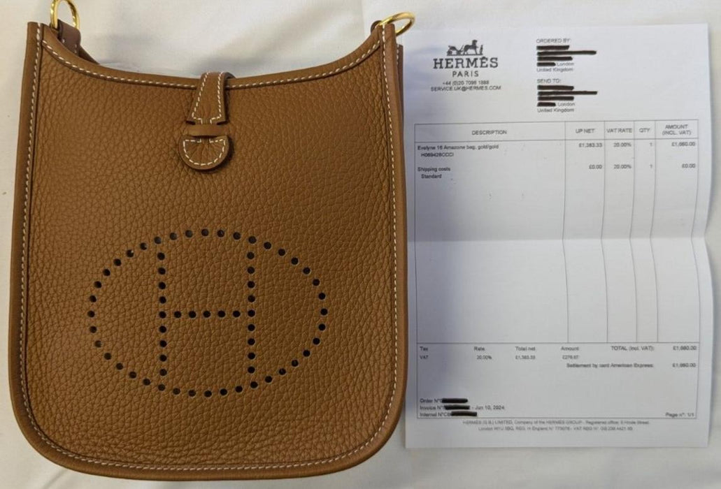 Hermes Evelyne 16 Amazone Bag - Gold/Gold - With Proof Of Purchase